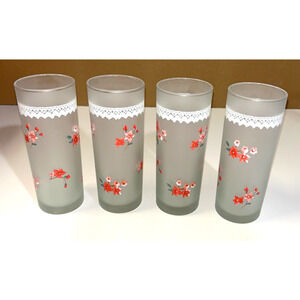 4 New Dartington Designs Frosted Glass Floral & Lace Tall Tumblers France-14 oz.